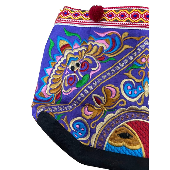 Embroidered 100% Cotton Thailand Boho Hand Bag Shoulder Bag Purse Zipper Pom Pom - Picture 2 of 10